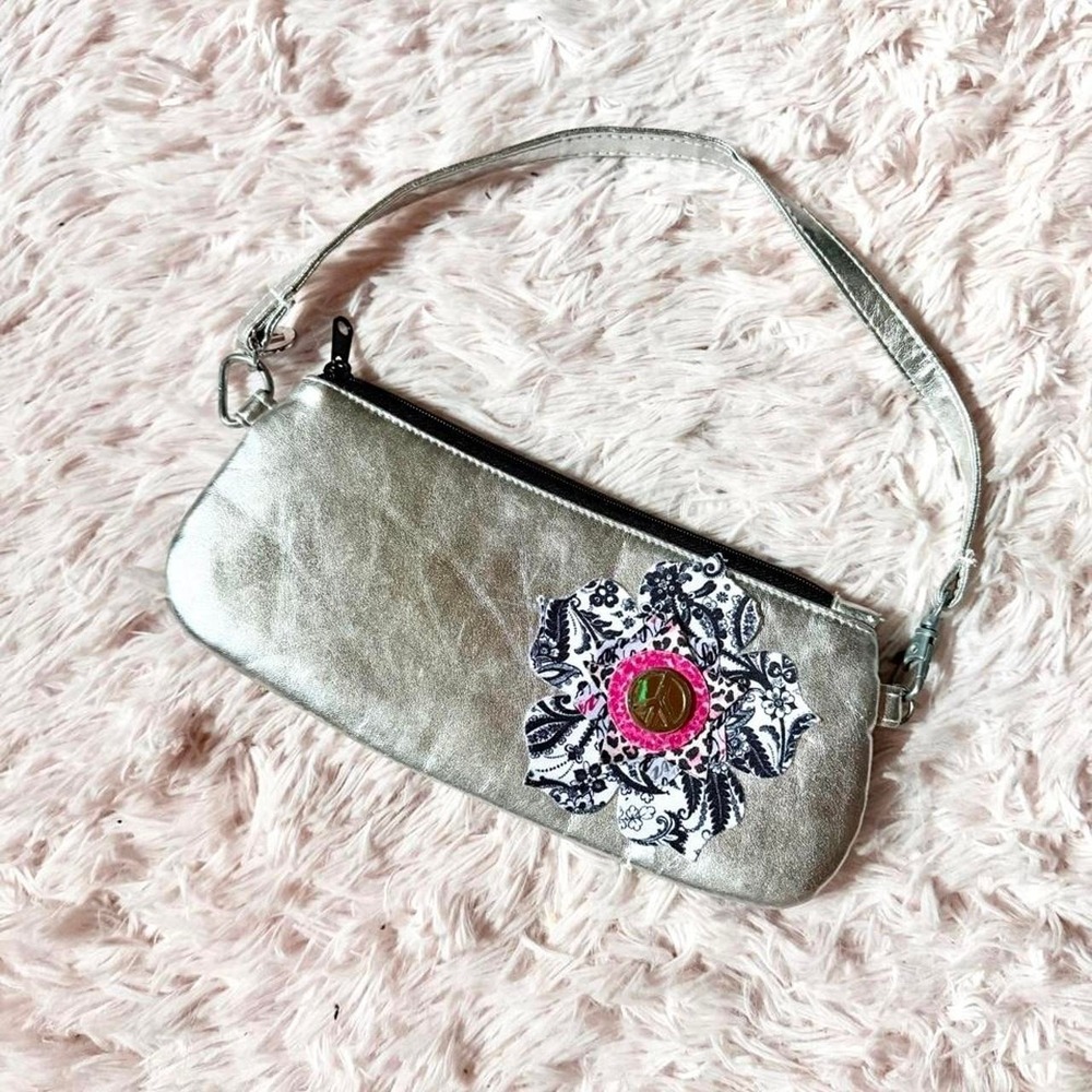 Vintage Y2K Floral Embellished Hippie Metallic Mini Baguette Purse Hipster Peace